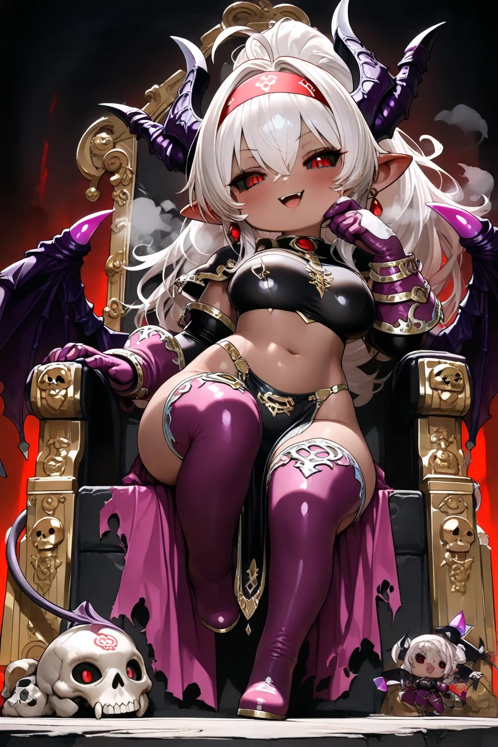 A painting of a woman sitting on a throne surrounded by demons, everyone, Queen of Hell, Wearing a crown of skulls, Gweitz, scary queen of death, Gweitz masterpiece, Decorated with demon skulls, White horned queen demon, Goddess of Death, by ヤン・J, Detailed anime artwork, Anime fantasy artwork, Devil Girl, Anime fantasy illustration
