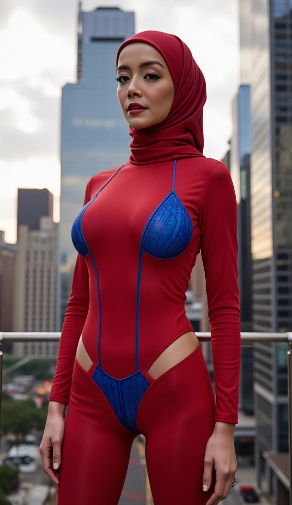 Beautiful white Asian woman detailed defined body using spider man cosplay, wears long black hijab
