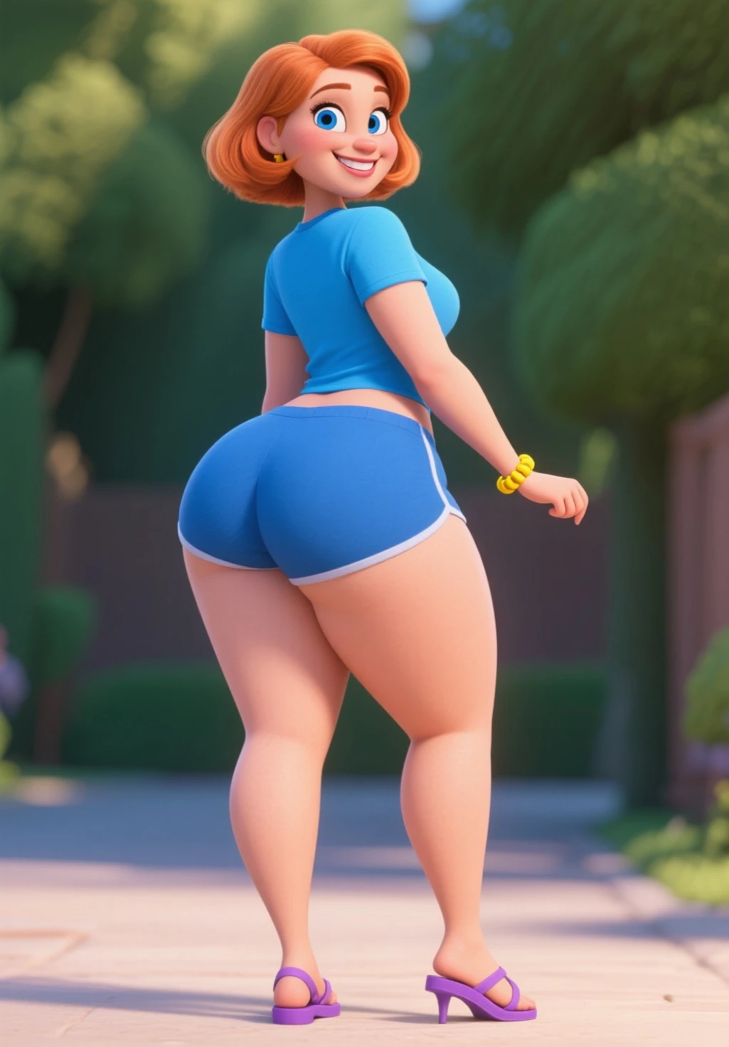 in a park, red hair, glasses, back shot, chubby body, fat ass, thong, thick thighs, large breasts,, shoulders exposed, micro crop top, drenched in sweat