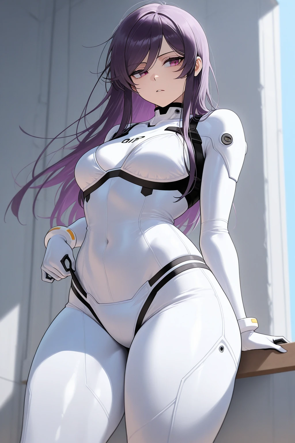 masterpiece, best quality, absurdres, 1girl, solo, StromTrooper, armor, <lora:StormTrooper:1>, <lora:Fern:0.8>, FernFrieren, very long hair, purple eyes, (purple pupils), arms behind back, expressionless, from below