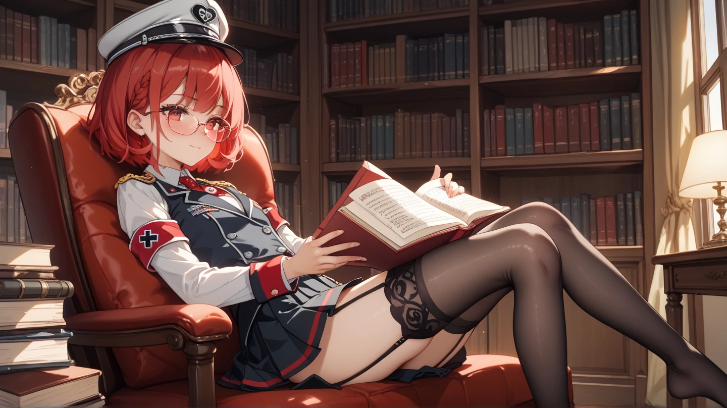 (Masterpiece, best quality), detailed, character sheet, many items (the same person, medieval royal clothes, magic academy uniform, blouse, skirt, glasses, reading glasses, white boots, many parts), athletic, busty, demon, demon girl, detailed beautiful purple eyes, detailed face, pointy ears, red hair and white skin, braided ponytail, demon horns, full of details.