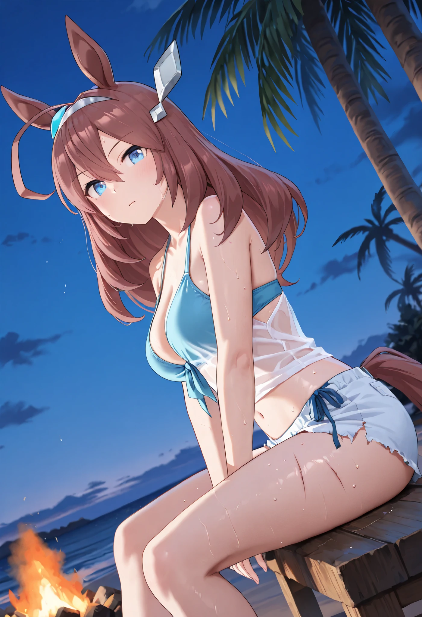 masutepiece,Best Quality,High resolution,Fine details,独奏,Adult Woman,blush,Curve,((Delicate white underwear)),(On a luxury hotel bed),sexy hips、Long Wave Hair、dark brown hair、Stretch the hem of the buttocks with a slouch、Mid-chest、blue eyeasterpiece、Highest quality, High resolution, uhd, Pixel perfect, Depth of written boundary, 4K, RTX, HDR)), 1 Girl, single, alone, 24-years-old, Beautiful Anime Girls, Beautiful art style, anime character, ((Parted bangs, Brown Hair)), (blue eyes、Round eyes, Beautiful eyelashes, Realistic eyes), (Detailed face:1.2), (Smooth texture:0.75, Realistic texture:0.65, Realistic:1.2, Cinematic, Anime CG Style), Perfect body, Best Bust、Bust 85、Perfect Body、nsfw:1.8,Visible from the thighs、Night Background、Beautiful white panties、Bamboo、wind chimes、Put your hands on the window、milky way、Seen from behind、Bra shoulder straps