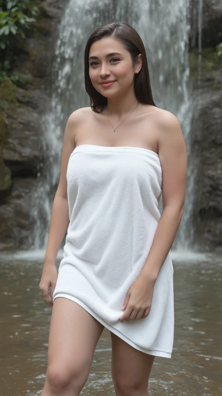 8k, masterpiece、hot springで、Mature woman wrapped in a towel, open towel, exposing breasts, alluring face, 55 years old、sexy pose, Background of open-air bath, Nikon Z6 II, high resolution images, rich colors, surreal lifelike texture, soft lighting, hot spring、wet hair、wet body、