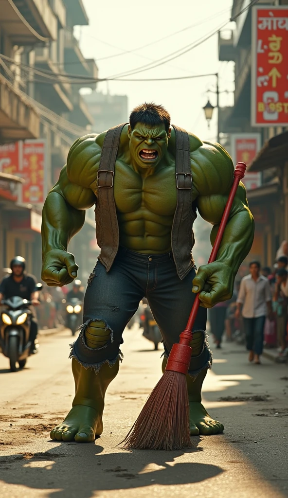 photo of Hulk as Indonesian People, wearing shabby towel in neck, Driving a truck inside a Indonesian typical truck, background Indonesian street, setting years 1990, overcast light, film grain, nostalgic mood