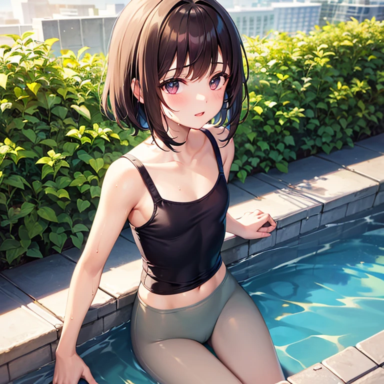 school swimsuit、Youmu、squatting down、between legs、spread legs、barefoot、