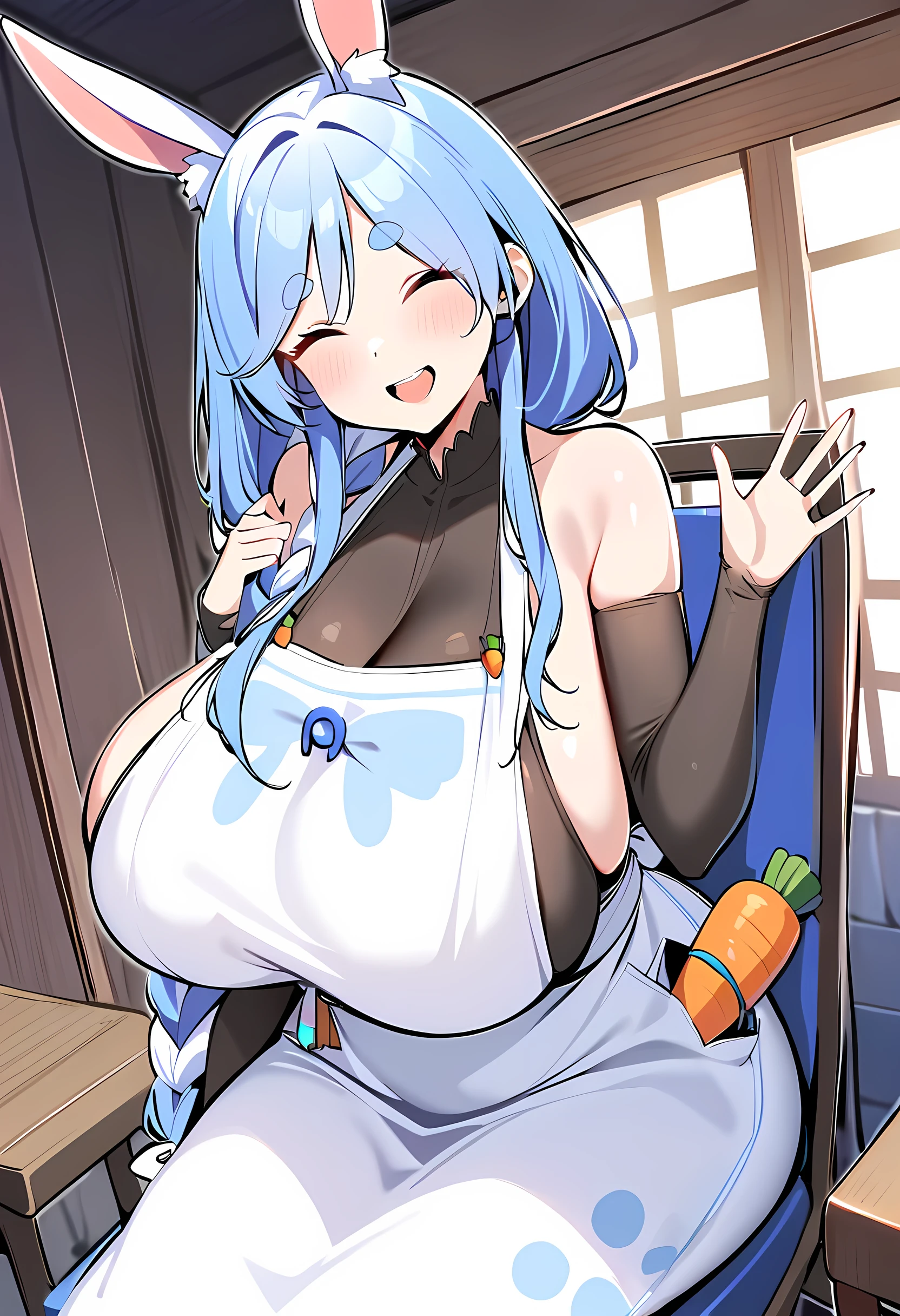 shark girl, Very sexy, big breasts, white apron, Sweating