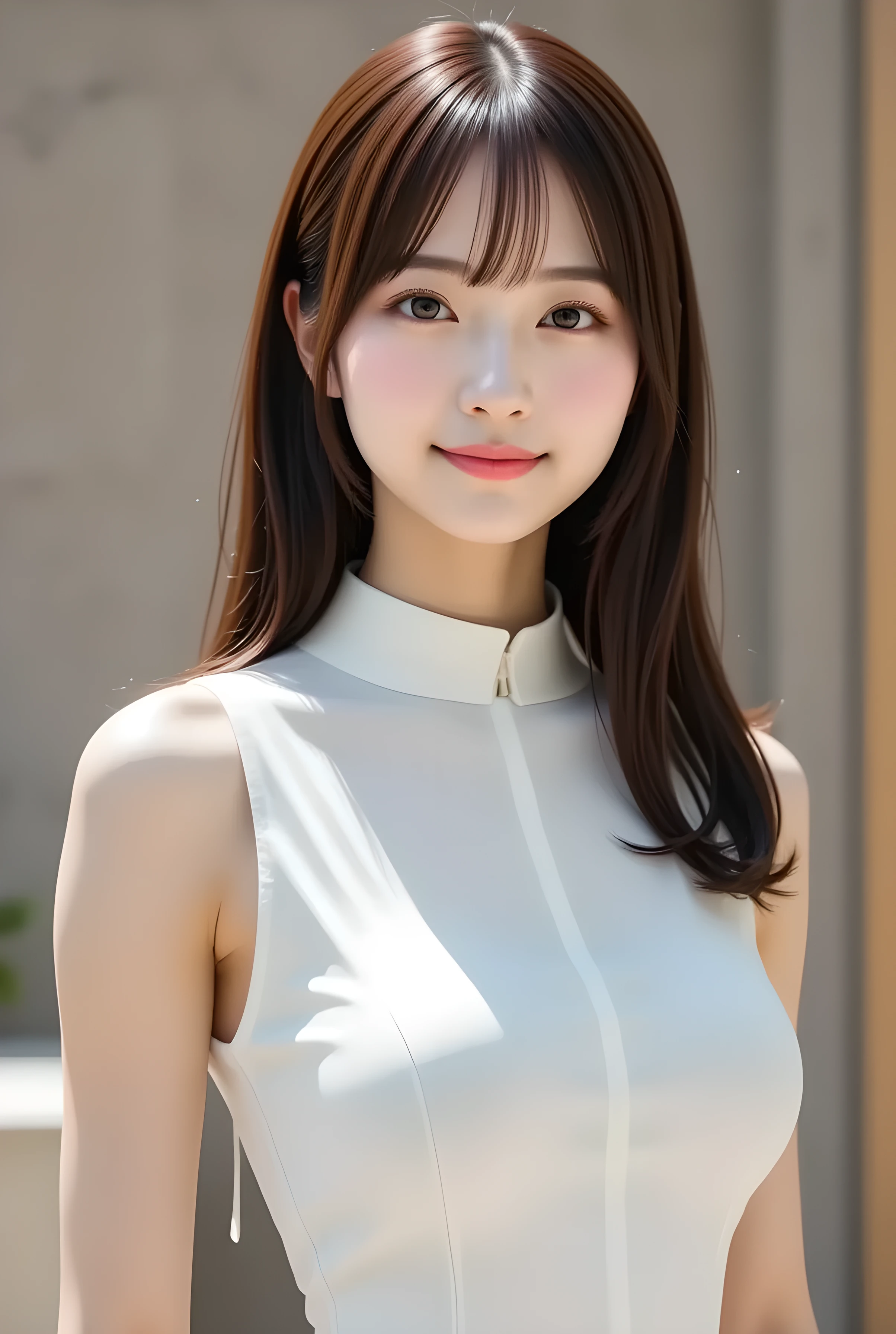 （One Woman）,(Bursting smile:1.5),(Look at viewers:1.1）,（hide one's hands:2.0）,(Beautiful Japan Woman）,straight nose,（hair behind ear, hair over shoulder, straight haired, Long hair, strong wind in the hair:1.5), （ High neck sleeveless , tight skirts:1.5), （high-heels;1.3), detailed  clothes, (Perfect female body), (Narrow waist:1.5), (Bust Up Portrait:1.3), Dynamic Pose, Cinematic Light, cafes