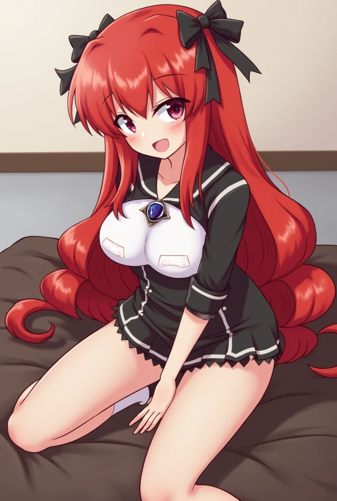 masterpiece, best quality, ultra-detailed, illustration, colorful, flat color, depth of field, lens flare, 1girl, anime, lying on her back, red hair, messy hair, yellow eyes, fox ears, looking at viewer, in bed, IncrsAhriAcademy, facial mark, fox tail, multiple tails, school uniform, skirt, thighhighs, detailed skin texture, detailed cloth texture, beautiful detailed face, huge breasts, blush, seductive smile, smartphone