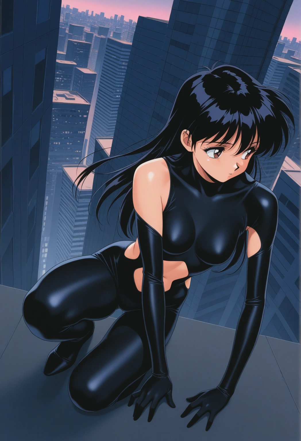 score_9, score_8_up, score_7_up, score_6_up, 1girl, 1990s \(style\), cyb0rg, solo, science fiction, cable, mechanical parts, cat ears, long hair, gothic, large breasts, full body, latex, collar, high heels, retro anime, 1990, scanlines
