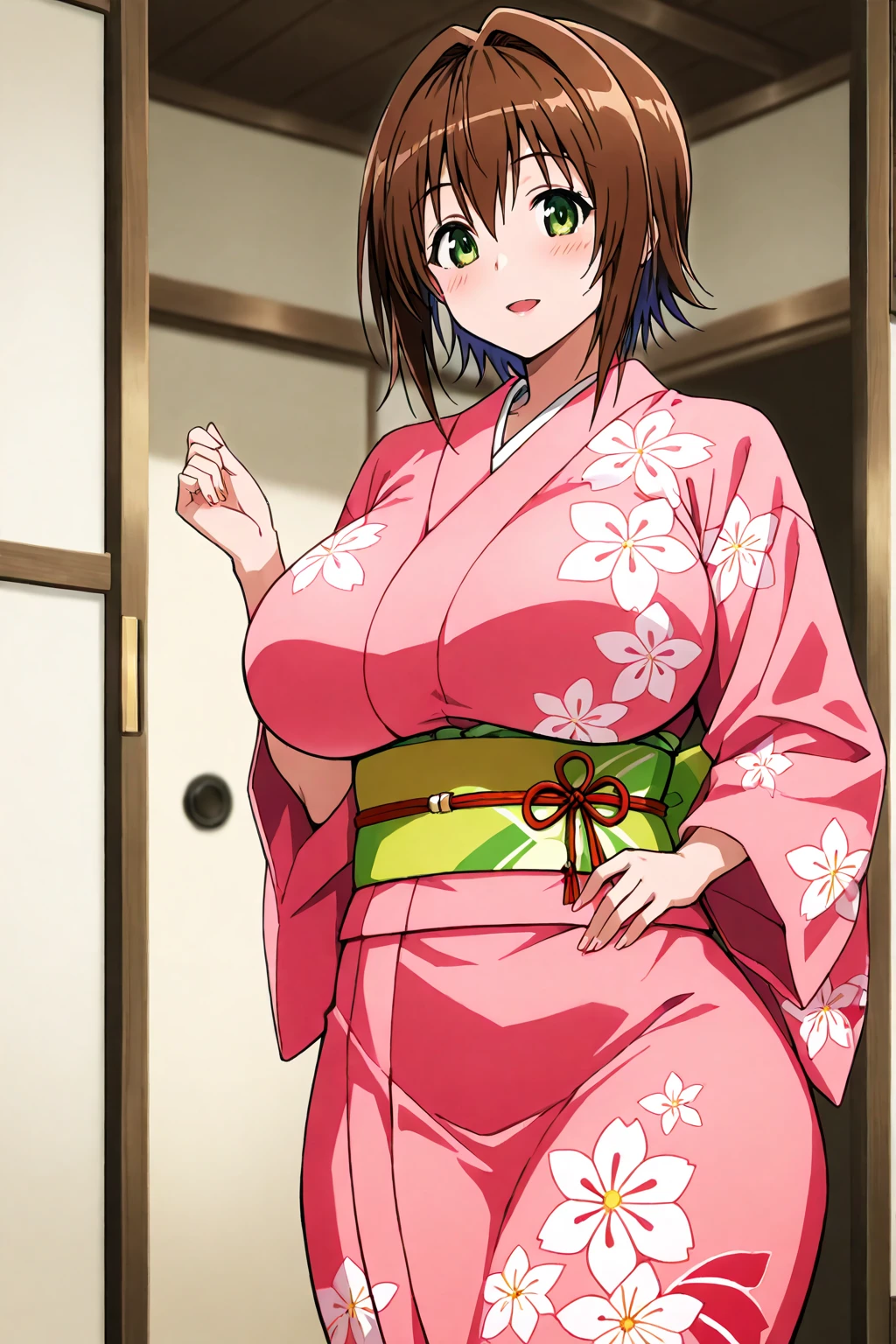 master piece, cowboy shot, upper body, slosed up, 1girl, solo, looking at viewer, short hair, ?????????????, BROWN hair, brown eyes, standing, ???? pose, large ??????, thick body, flower, japanese clothes, indoors, RED kimono, mole, sash, mole under eye, obi, seiza, red kimono,
