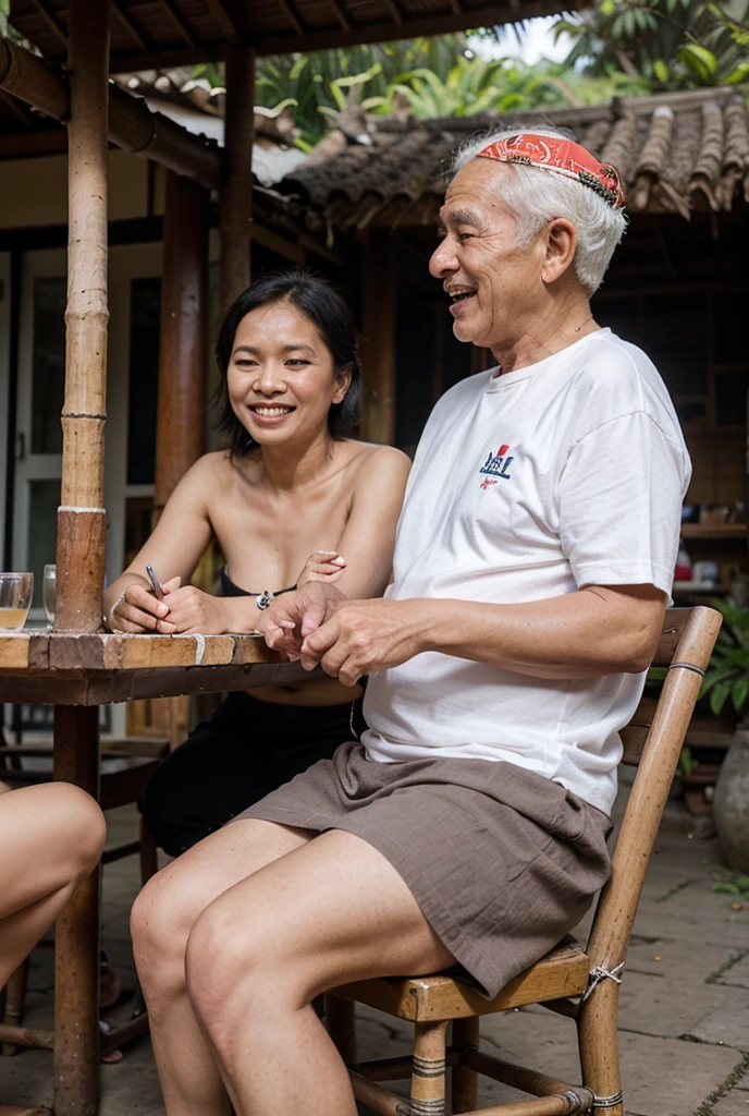 Asian mother, 65 years old, long and gray hair wearing a singlet and miniskirt and white, lying in bed, hugged by his 17 year old son, wearing underwear.