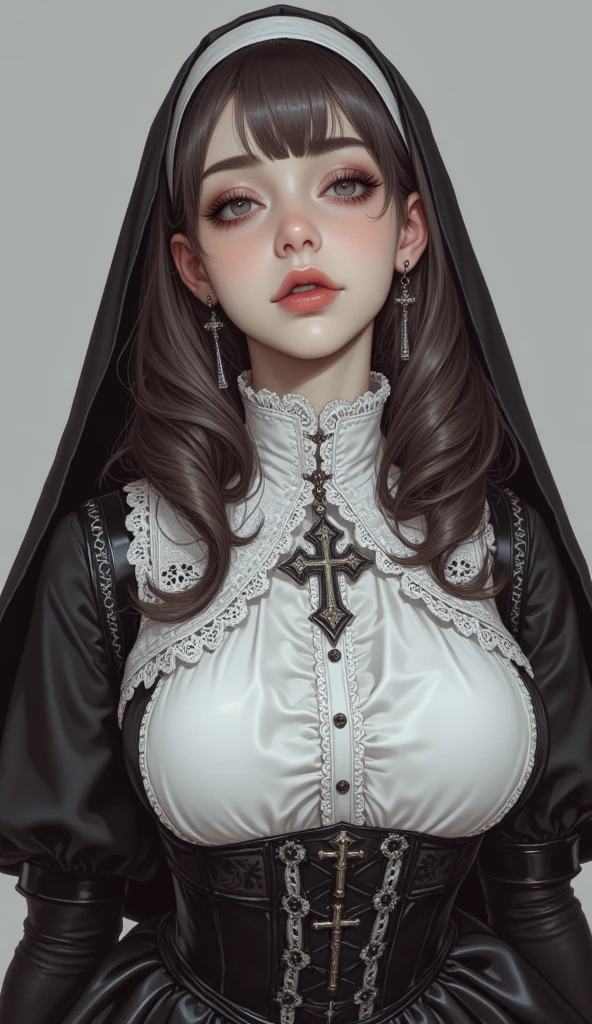a nun with an ultra-sexy outfit, deep cleavage, large breasts, detailed facial features, beautiful eyes, detailed lips, long eyelashes, intricate details, 8k, best quality, photorealistic, detailed fabric textures, high fashion, dramatic lighting, cinematic composition, vibrant colors, surreal, dark fantasy
