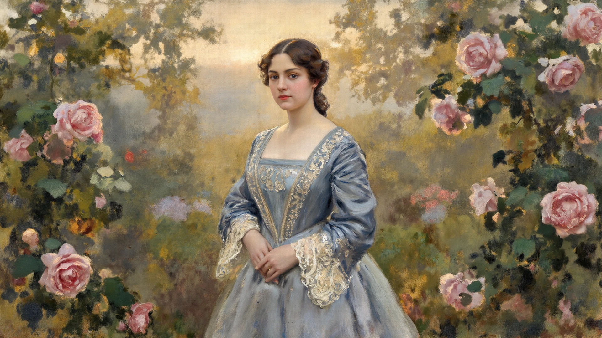 Beautiful young girl, 21 years old, dark brown curly hair; she has a pastel pink blouse with a large neckline, a dark violet skirt well trimmed and fitted; the woman holds a rose; beautiful woman, inspired by Franz Xaver Winterhalter; portrait of an extremely attractive woman, with medium breasts; very beautiful woman, beautiful maiden; seductive gaze; eugene de blaas, art by edouard bisson, melancholic chest, by Franz Xaver Winterhalter; masterpiece; 8k; UHD