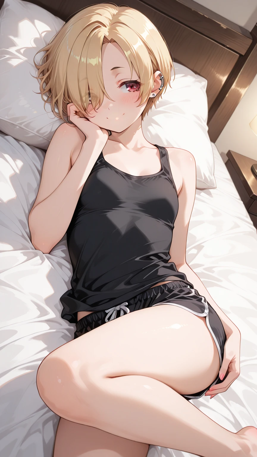nsfw,{{{{{1loli and 1shota}}}}},best quality,very aesthetic,,8K,Highest quality,masterpiece,Highest quality,bob cut,blonde hair,camisole,striped panties,loli,flat chest,{{{{{tan}}}}},lolish,cleavage,vaginale,Sex,missionary position,lying,closed eyes,bare pussy,{{bed room}},penis,steam,wet,