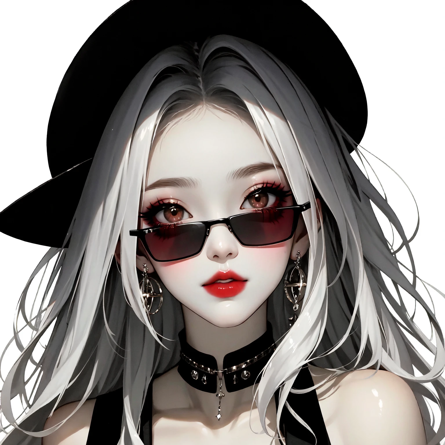 1girl, sunglasses, solo, hat, lipstick, red lips, long hair, dress, plunging neckline, makeup, monochrome, white background, earrings, cleavage, jewelry, upper body, spot color, hair over shoulder,dark theme,shiny,shiny skin,milf,(mature female:1.2), 