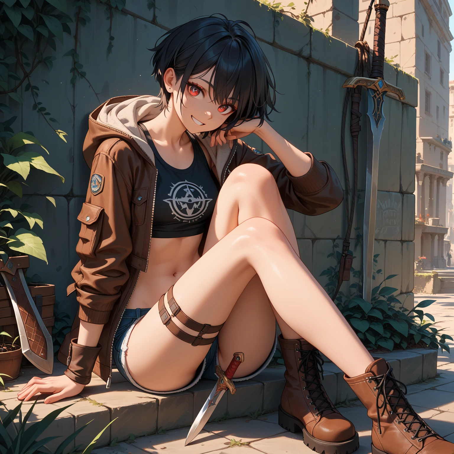 (((one girl))), famous song, dark skin, athlete, face tattoo, thigh tattoo, lots of tattoos, very good anime art, raytracing, composition, dynamic, sitting with legs apart, camera Glance, face close-up, X movie angle, spread legs, crotch show, arch pose, beautiful face, beautiful skin, firm abs, slender, (dazzling sunshine)), [Real] ([Details] Background (sunny ground), ((black hair s short)))), wet training wear, knee pads, see-through breasts, short spats, underwear, half-naked, slender, showing underwear, sweat, inviting gaze