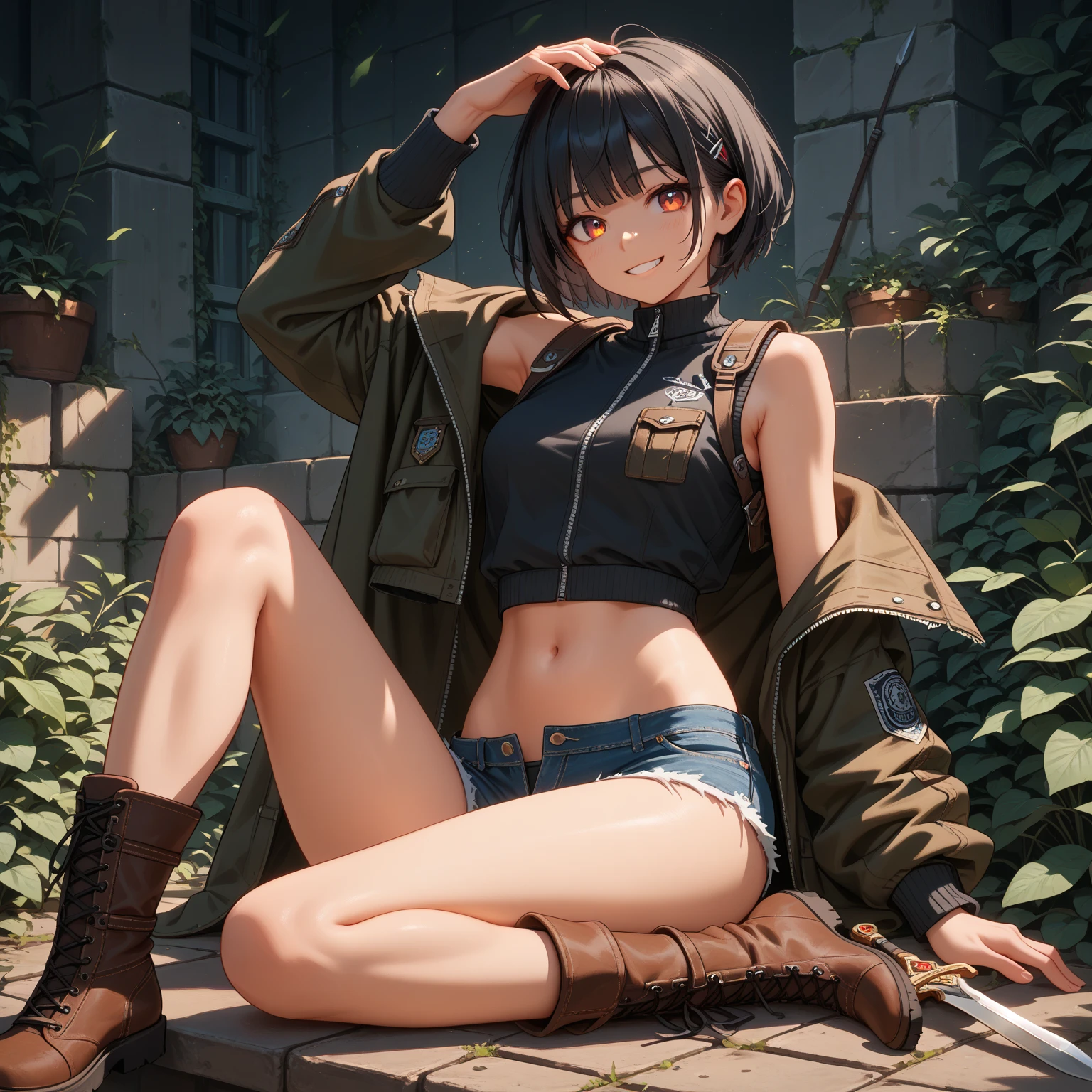 torn clothes, tank top, soldier camouflage jacket, absurdres, RAW photo, extremely delicate and beautiful, masterpiece, Best Quality, ultra high resolution, 32k, hyperrealistic, ultra-detailed, detailed description, pale skin, 20 years old, tearful mole, earring, short medium hair, wavy hair, whole body shot, legs, Red eyes,