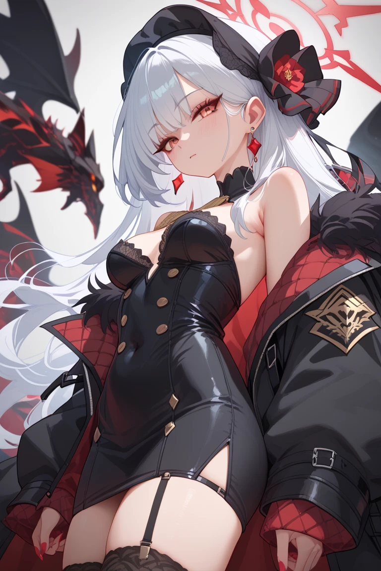 gray hair, red eyes, long hair, female , Ancient dragon-like dragon, D cup, bikini