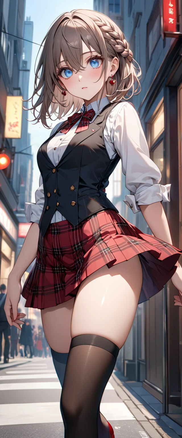 (masterpiece:1.5), (Medium breast), 1 girl, young woman, (beautiful girl:1.5), (Highly detailed and delicate anime faces and eyes:1.5), whole body, (Natural light, High resolution, Highly detailed CG:1.3), (Dynamic posture:1.3), {Perfect body anatomy}, (Beautifully detailed face), (Beautiful attention to detail),Single Focus, (Slender and beautiful girl), Beautiful Lips, Thick lips, {Surreal}, {Correct posture}, {Detailed clothing}, {Bright Eyes}, (Cleavage: 1.3), (Small Butt), {accessories}, {sexy}, {One person}, (school uniform: 1.5), High school student clothing, (Summer clothes: 1.5), blouse, Short skirt, (Short skirt: 1.3), (Thigh high pantyhose: 1.3), Black Pantyhose, blouse, Ribbon tie, Lace collar with tie, High heel boots, Earrings, necklace, hair band, Hair Clip, (A light smile: 1.3), Short Hair, (Two-tone hair: 1.5), (Blonde: 1.5), (Pink Hair: 1.3), (Green Hair: 1.2), (blue eyes: 1.3), 