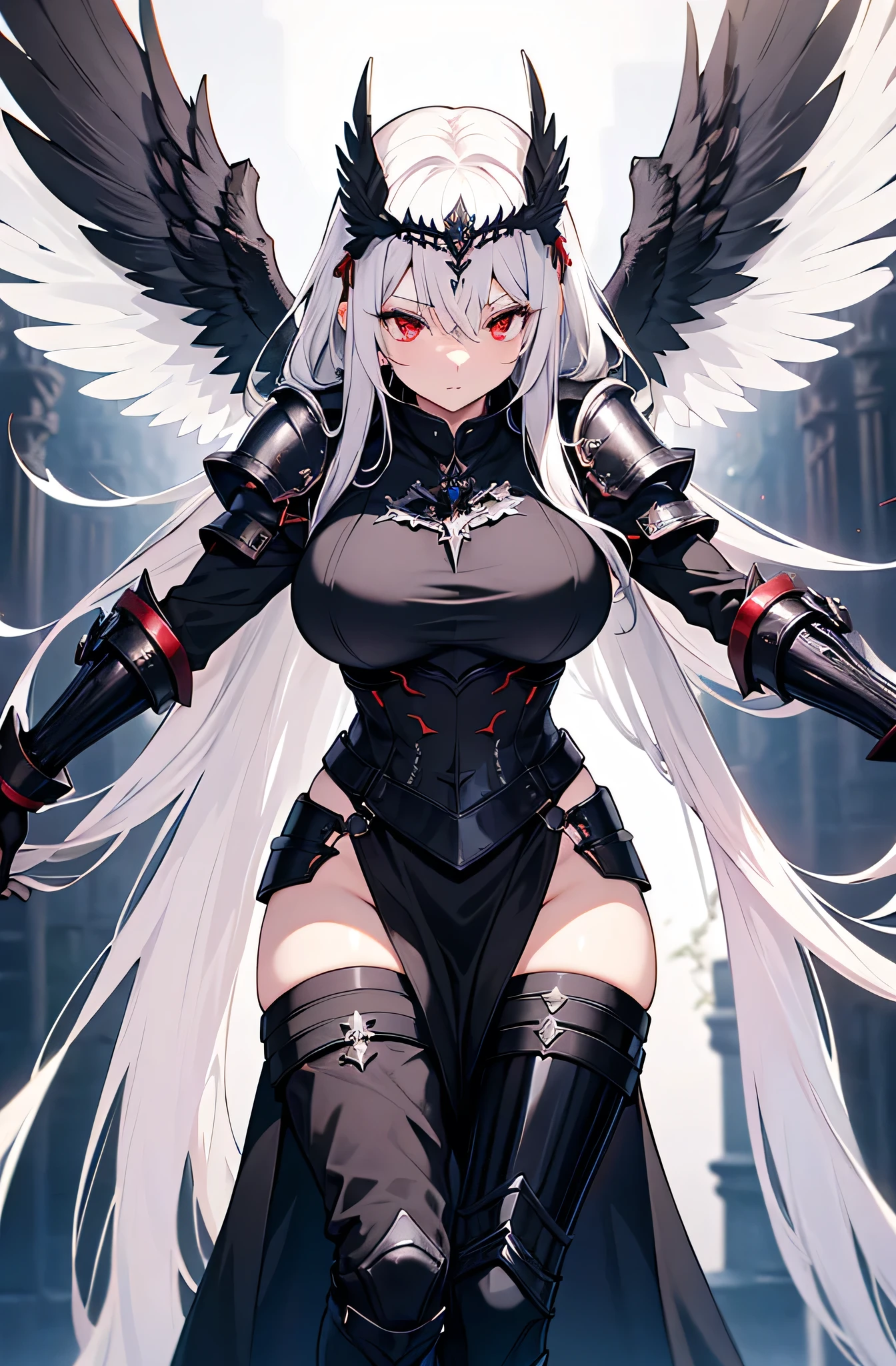 top-quality、Top image quality、​masterpiece、girl with((Silver and black mechanical body armor、silver mechanical arm、silver leg arms、Shining red body line、sixteen years old、teen ager、cute little、Best Bust、big bast,Beautiful shining purple eyes、Breasts wide open, white  hair、black mechanical wings,Longhaire、A slender,Large valleys、belligerent movements,holds a black sword)),hiquality、Beautiful Art、Background with((Midnight City、murky、fluttering white feathers)))、,masutepiece、depth of fields,Cinematic style