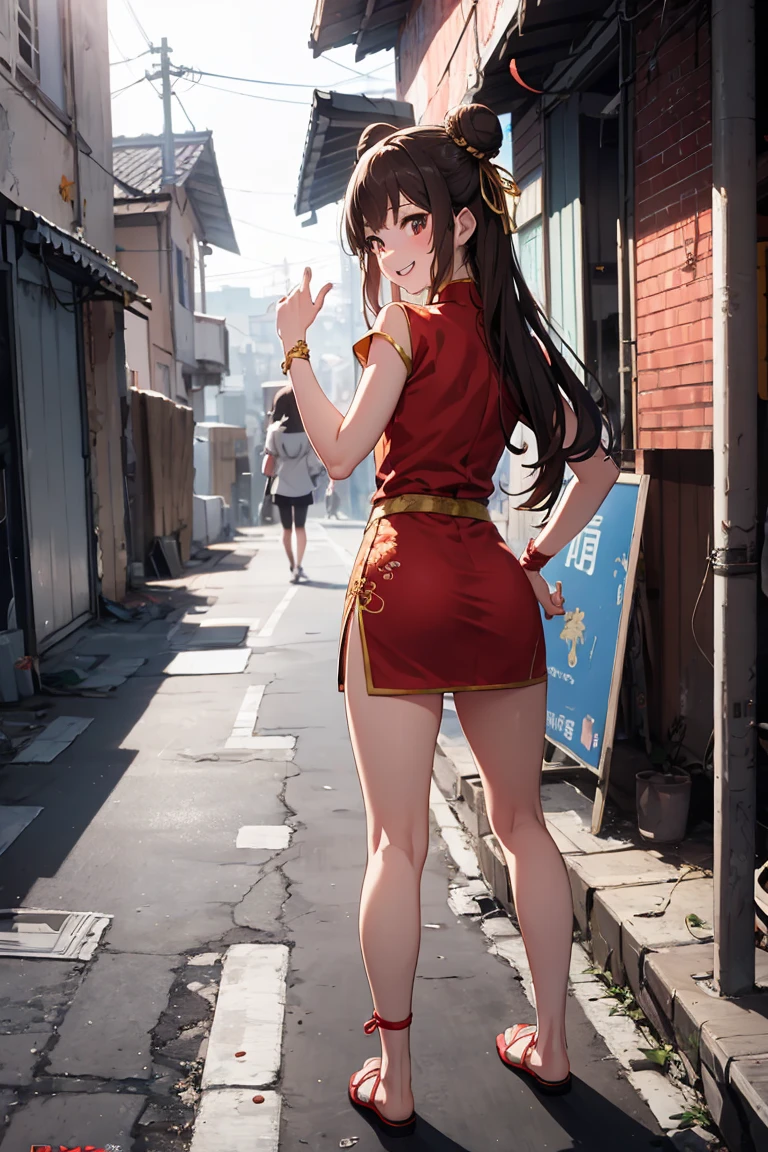A richly decorated sword, (artwork: 0.8), Black and red dress, a woman walking down the street in her short skirt while her hand is on her hip, 1girl, 独奏, high heels, skirt, long hair, brown hair, shirt, from behind, Ass, underwear
