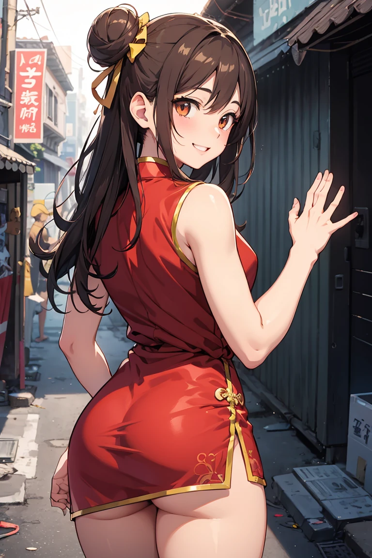 NSFW Cute adult woman in a cheongsam, Chinatown, brown hair, clothes