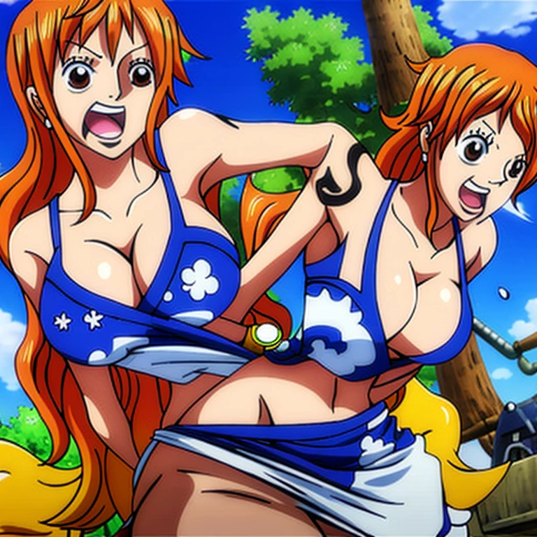 big lips, us's skin (One piece), pink eyes, japanese face, improve, improve grin, two sides up, huge breasts, Wide hips, sexy, detailed, pink room, Hits, (evil smile1.4), kawaii, fold us (One piece), One piece, GOOD, nami costume (One piece), fold us (One piece), camisa nami (One piece), choker, fold us (One piece), camisa nami (One piece),navel piercing, cosplay de nami (One piece)