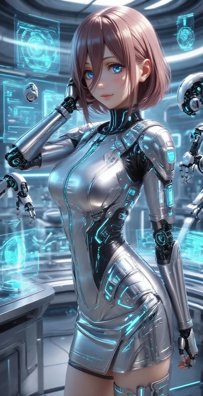 Highest quality, masterpiece, figure, (Realistic, photo-Realistic:1.37), wonderful, In detail, Incredibly absurd, Large file size, Very detailed, High resolution, Very detailed CG Unity 8k wallpaper, Very detailed目と顔, Ray Tracing, Browsing Caution, NUDE, One girl, Korean cyborg girl is innocent and young々Has a sly expression. She poses boldly with her arms raised above her head, Revealing her voluptuous figure. She is wearing a small black mecha armor top that barely covers her breasts., Exposing most of her flawless skin. Her shoulders and head have more armor detailing.、There are shining highlights, Tech Panels and Mechanisms. She is standing against a futuristic cityscape lit up with vibrant neon lights.、Standing full of energy。.