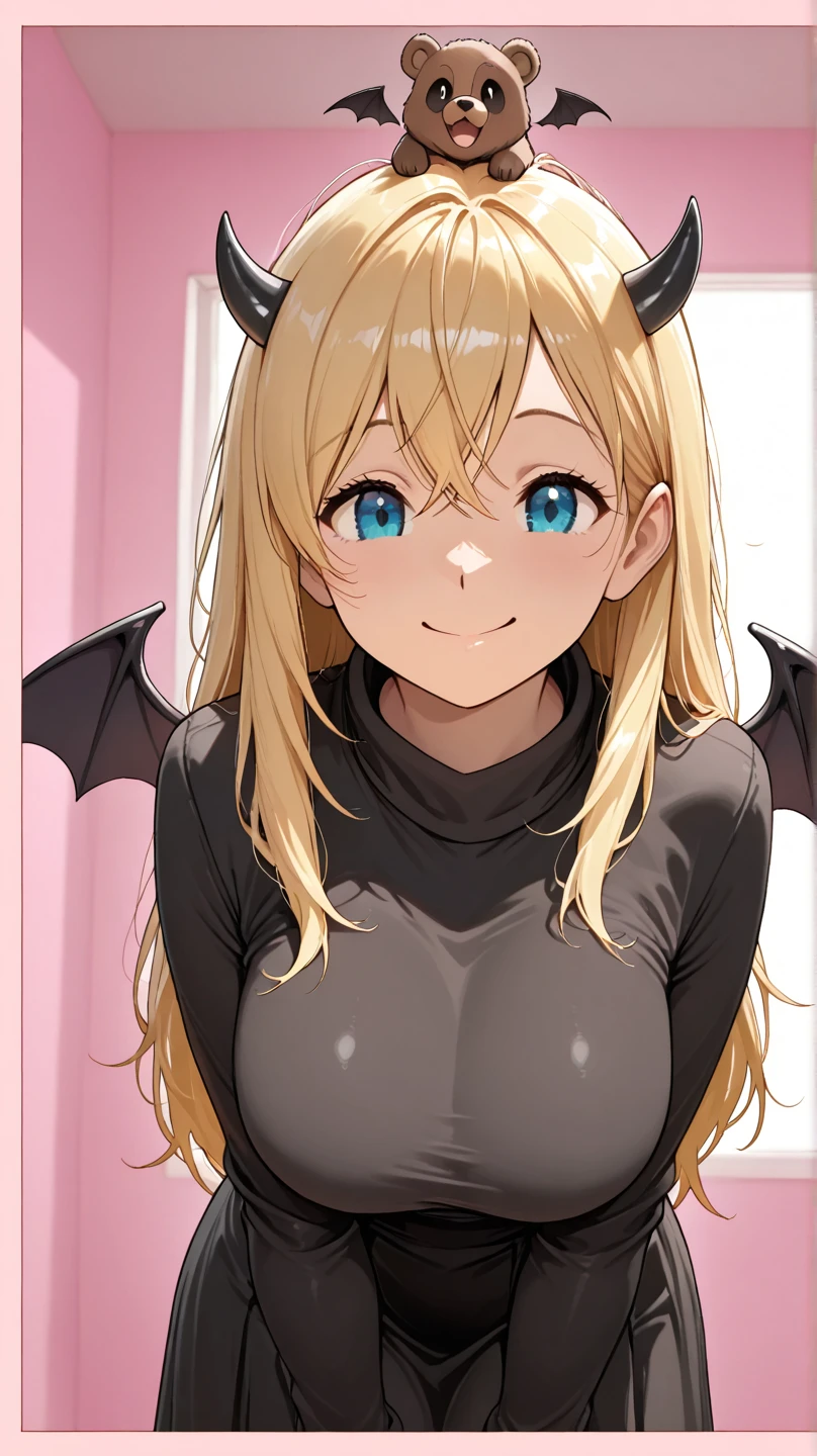 ((Highest quality)), ((masterpiece)), (detailed), （Perfect Face）、The woman is naked and wearing a shiny black full-body bodysuit decorated with gold, the sexy female demon Devil Queen Yuuki Asuna、The woman is a female demon with magnificent devil horns, jet black devil wings and a jet black tail. She is looking at the camera with a happy expression, a demon named Yuuki Asuna, with brown medium long hair and the expression of a girl in love.、The woman is Yuuki Asuna