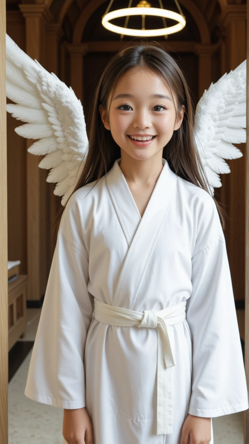 "Create an image of a young child with a joyful expression, wearing traditional Japanese clothing. The child is depicted with an angelic theme, including a radiant halo and a shimmering background suggesting a heavenly atmosphere. The child's hands are gently pressed together in a gesture of prayer or gratitude. The clothing should be white with gold accents, reflecting a ceremonial style. The overall feeling of the image should be one of innocence and purity, with a soft glow enhancing the ethereal mood."