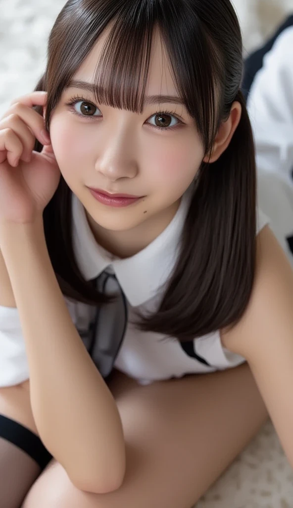 gal,girl, Thin Waist,absolute resolution full body photo of a beautiful Japanese idol with long legs, 18 years old, small , slim figure, photorealistic, masterpiece, Highest Quality, very detailed, complicated details, dramatic lighting, 8k, from above, black hair, low twin tails, (embarrassed, tearful),  at bed room, (model body type, Little Sana Head, Xiaoyan:1.2), ((sheer black babydoll, black over-knee socks)), (lying on back on bed:1.5, ), perfect hand in h, Perfect Anatomy,