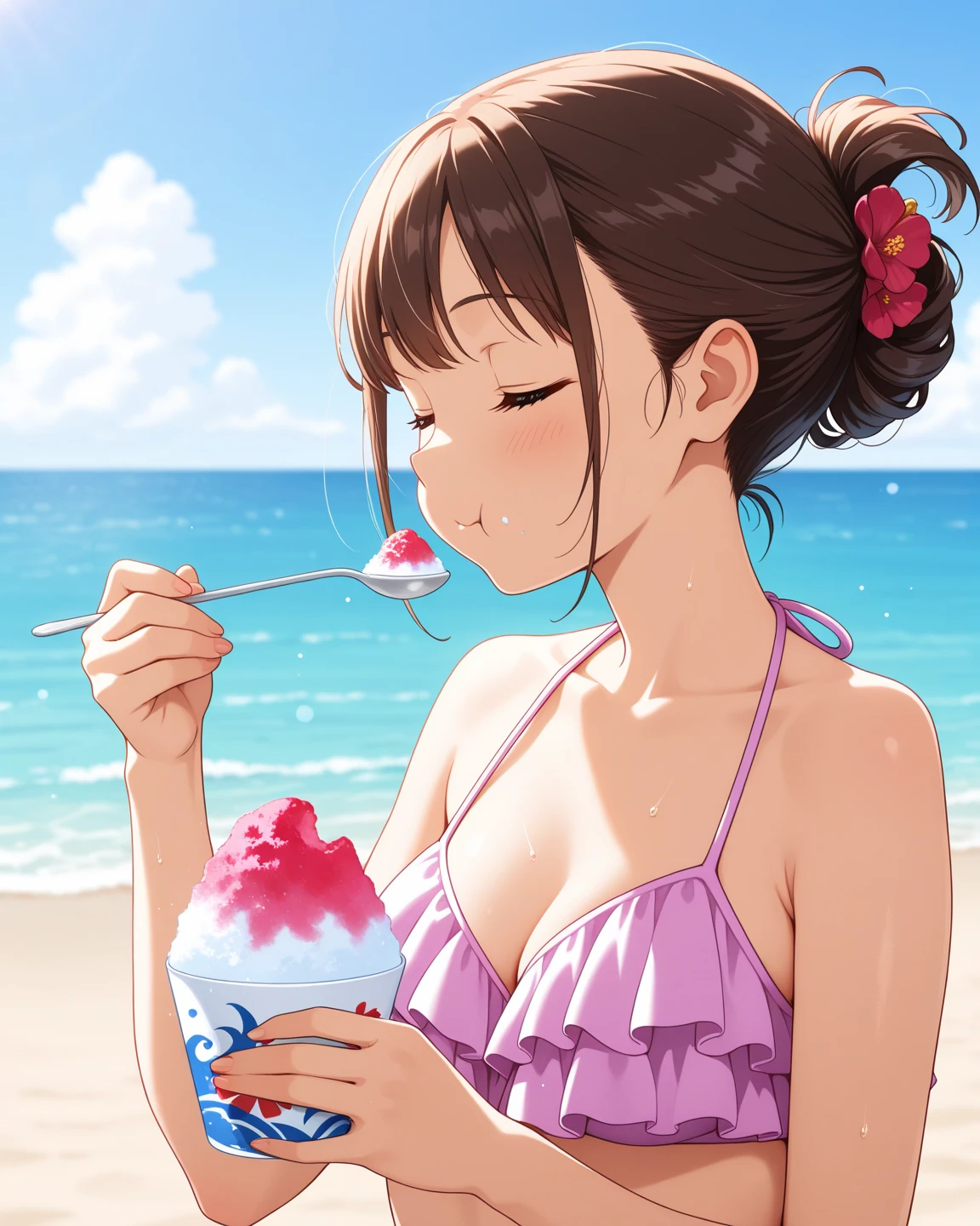 score_9,score_8_up,score_7_up,masterpiece,best quality, source anime, realistic, super detailed, extreme detailed, rating_safe,
1girl, (close-up face:1.2),profile, holding popsicle, open mouth, tongue, (sweat:1.3), half-closed eyes, blush, sideways glance, looking at viewer,
BREAK girl, 22yo, short hair, bob cut, (blunt bangs), black hair, (tareme, detailed cute brown eyes), curled eyelashes, (large breasts:0.9),
shiny hair, beautiful detailed eyes, beautiful face,
bikini, outdoors, beach,