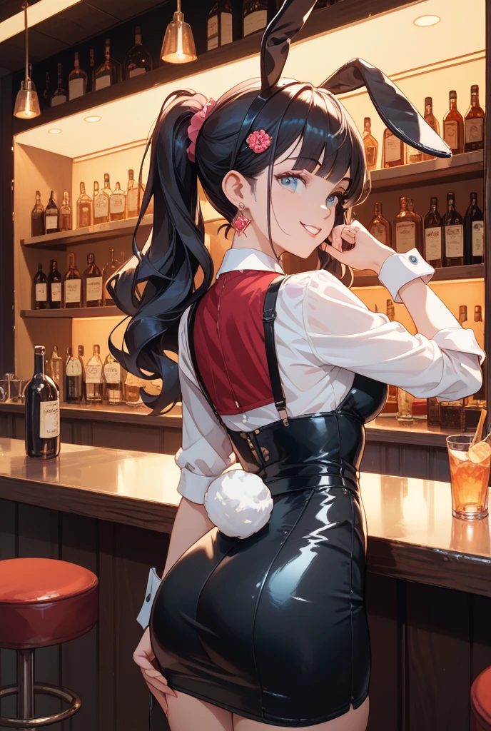 (top-quality、in 8K、32K、masterpiece、nffsw、ighly detailed、Impresionismo、Photorealsitic:1.3)、Full body,from behind, (Casino、in a house:1.4)、deep-shadows、beauitful face、blurry backround、20-year-old beauty、shinny skin, Beautiful black hair、Blunt bangs、red eyes、beauitful face、blurry backround、Bunny Girl Costume、Black High Cut Leotard、a bow tie、White cuffs、((The rabbit's tail is on the ass))、Wearing mesh pantyhose、Black rabbit ears、A smile、Holding a tray of liquor in his right hand、flustered、Curve、Dynamic Poses、