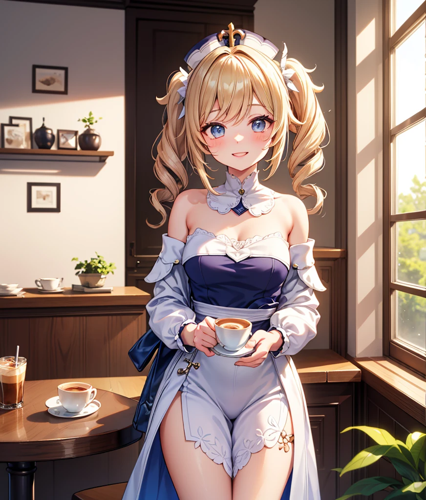1girl, adult woman, (Naked: 1.4), (Blushing:1.4),(micro lace lingerie, Garter belt and lace stockings, lace choker collar), collarbone, Smile, Cowboy Shot, ((A coffee Cup)), Full Body, background: kitchen
