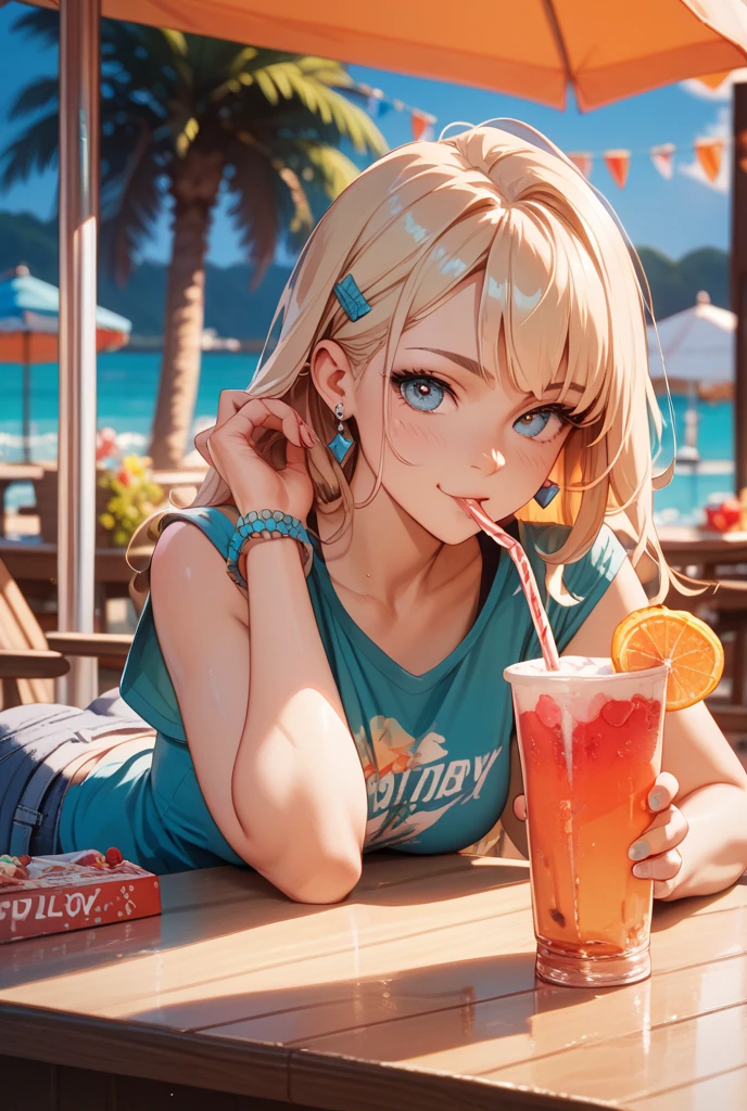 (8K, best quality, master piece: 1.2),super high resolution,1 girl,16yo,独奏,ultra-detailed face,deep detailed eyes,mascara,Carelessly tied up hair,gold hair,Drinking cola from a plastic bottle,wearing leopard pattern off shoulder bikini(pink:1.4),arched back,smile,red eyes,rim light,Sweat,Big Breastsカウボーイショット,blue sky,sea side