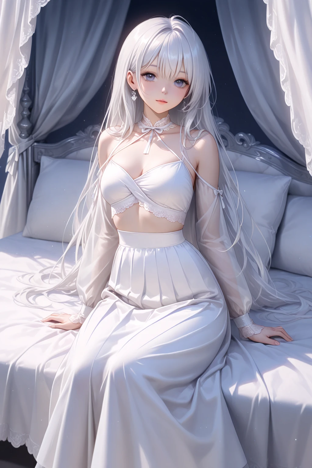 realisitic, 1 girl, White hair, purples eyes, glare eyes, top cut, overskirt, parted lips, blush, natta, flowers, floor, floorlight,