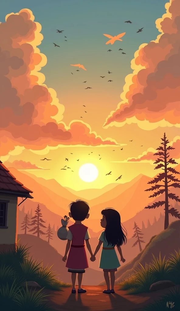 A boy and girl talking in sunset mountain and  boy name is pranshu girl name sunnaina
