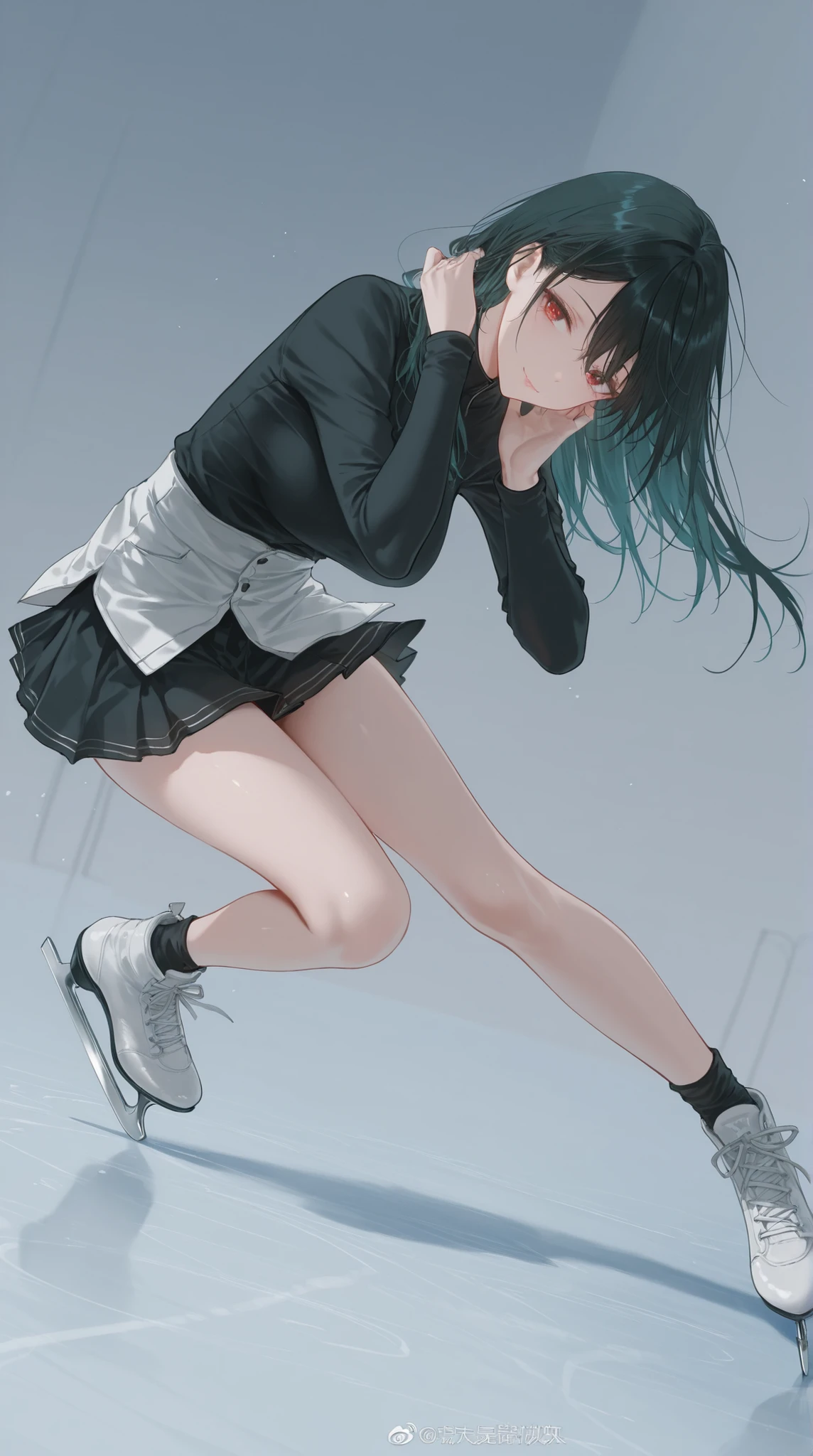 dark_art_style,artist:kazutake_hazano, artist:danimaru,[artist:ask_(askzy)], artist:wanke, artist:wlop, artist:fujiyama, artisit:yuyu_(yuyuworks)，artist:hiten_(hitenkei),atrisit:dishwasher1910,
完美品质, 超高清, 精良制作, 1girl, ice skating pose, 黑丝顺滑发{1.3},单马尾,  {天空蓝表演装:1.4}, 撞色褶边,丝带装饰,半透明服装, 冷美人风格, 若隐若现笑容,花样滑冰姿势, 高难度跳跃, 优雅滑行姿态, 匀称体态, 沉着表情, 女子花样滑冰比赛现场,冰地面，蔷薇色调色，(:1.58),超高清, 精致细节,