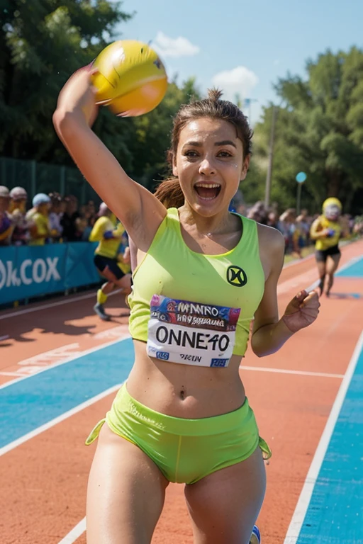 marathon runner crossing the finish line with arms extended in victory