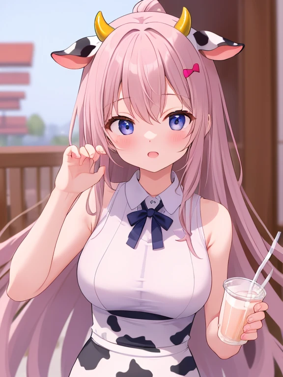 Very detailed CG Unity 8K wallpaper),(masterpiece), (Highest quality), (Very detailed), (Best illustrations),(Best Shadow)、(((Purple eyes and pink beige long hair 1.3)))、(((Bunny girl、Bunny headband、Bunny tail on the butt 1.3)))、Aggressively、(((Serving customers at a cafe、Three men)))、Large Breasts、Embarrassed expression