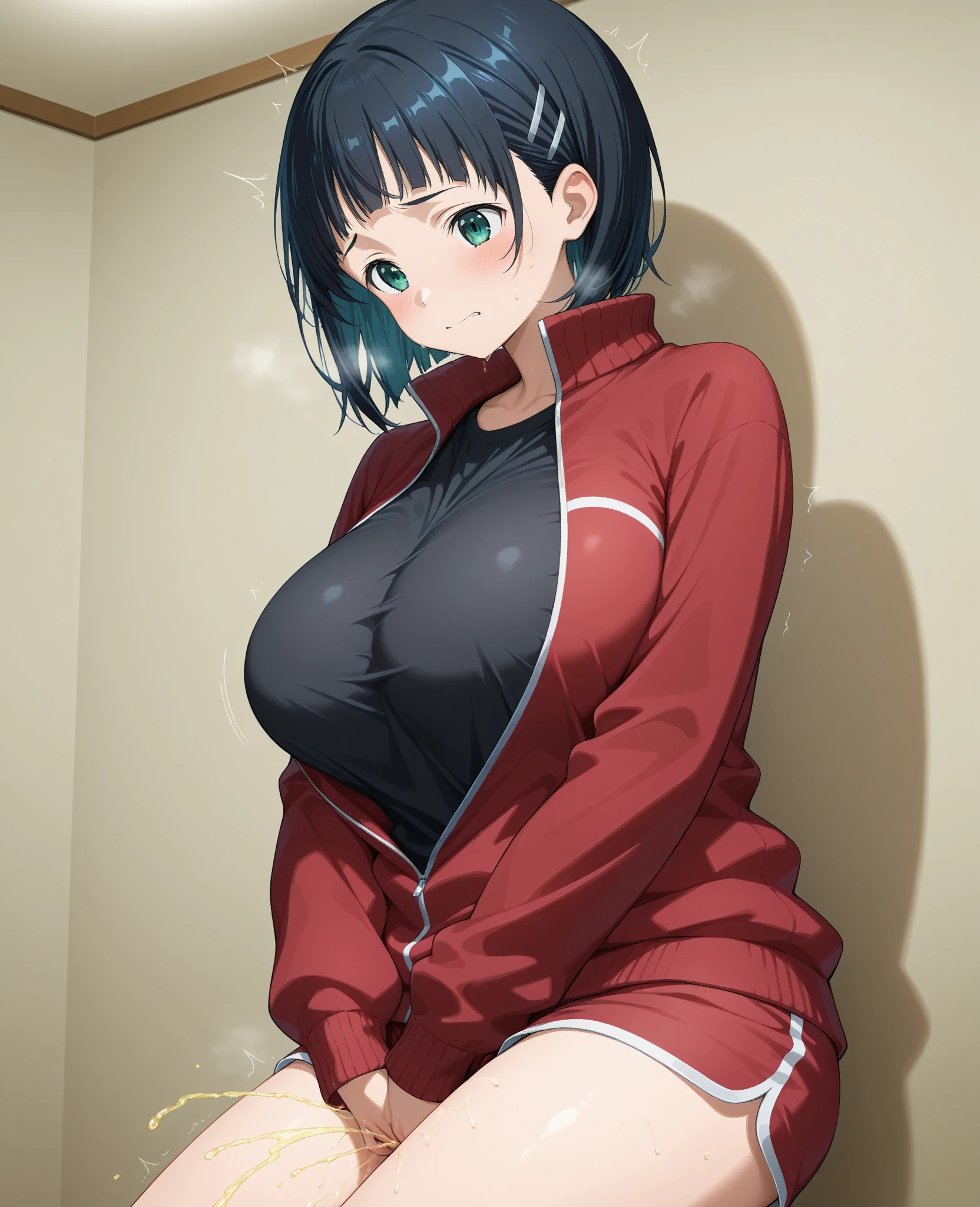 multiple boys, 1girl, Suguha, short hair, hairclip, large breasts, track jacket, red jacket, black shirt, blue shorts, hand in another's hair, , grabbing another's hair and put his dick inside her,, masterpiece, best quality, highly detailed masterpiece, best quality, high-resolution