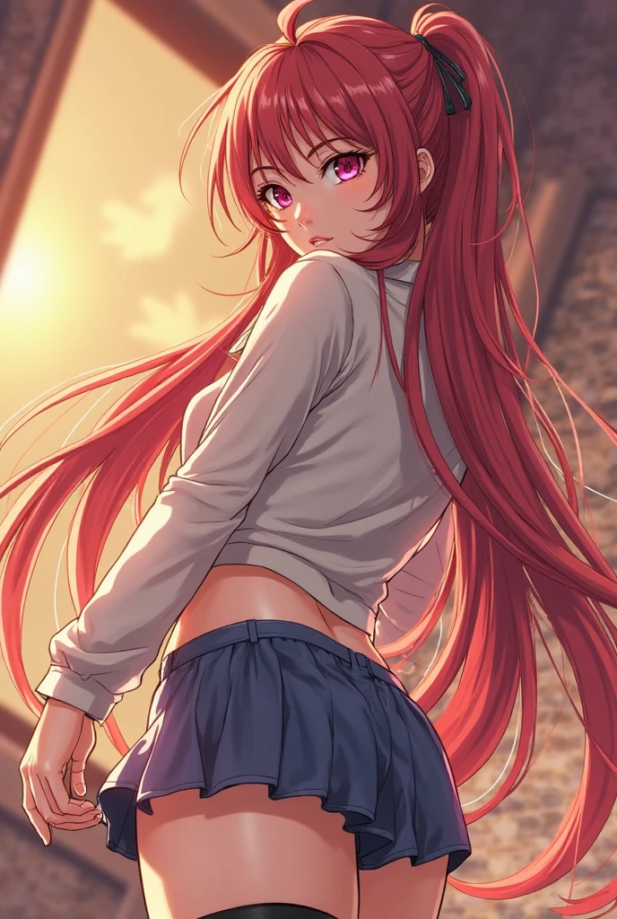 short, redheadwear, very long and straight hair, eyes browns, big-ass, Small breasts, wearing very short shorts and a shirt that reaches her breasts.