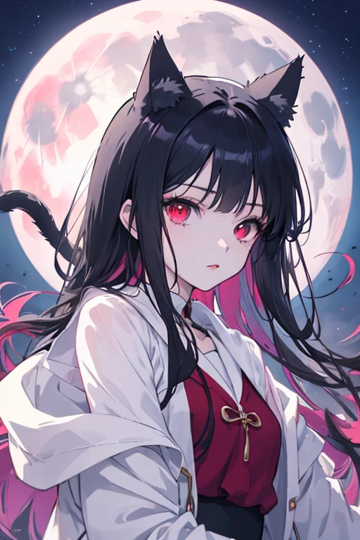 A girl with black hair and fox ears, She has bleeding scars on her face, Her eye was blinded with the scar, She has morbid bloodless skin, Insanity smiling showing her bloody fangs, Wearing Japanese kimono, Wearing black kimono, Holding blood dripping dagger, dagger, Deadly groves, Blood-moon is rising up, Covered with darkness, Night atmosphere