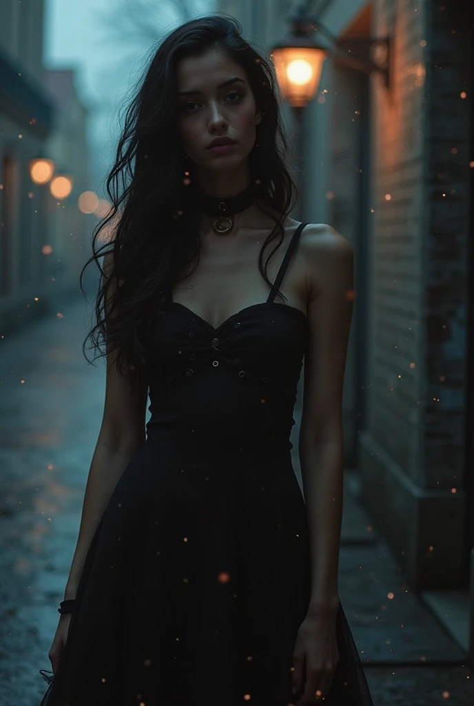 masterpiece, highest quality, 8k high quality photo, cinematic lighting, deep shadow, 1girl, gorgeous face, smooth soft parl skin, light-blown medium wavy hair, looking into camera, (standing on european street), model posing, front view,((cowboy shot)), (goth dress:1.2), at late night, ((night:1.5))
