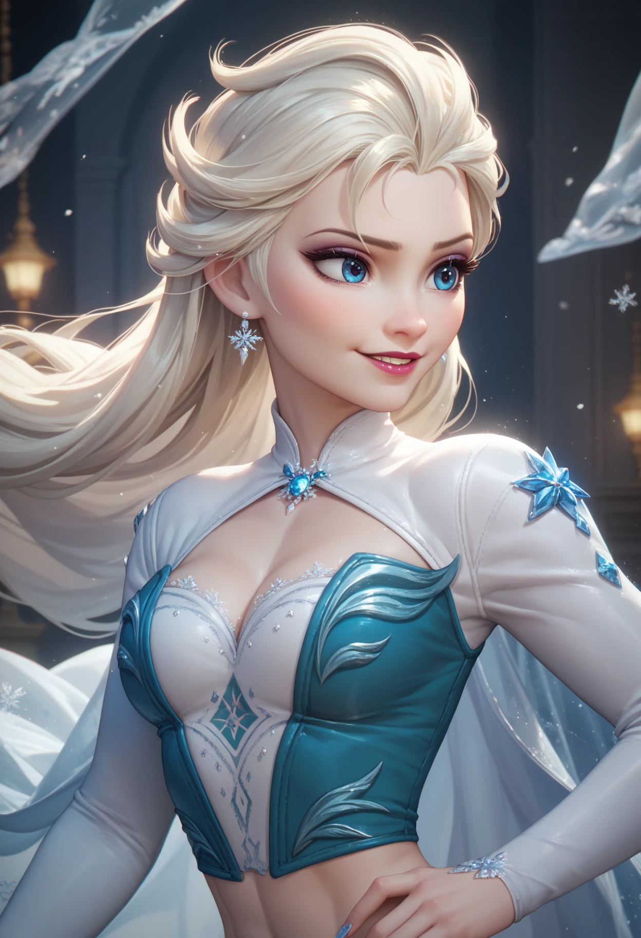 woman, Elsa, Frozen, vintage pin-up,golden curly hair, little smile, huge breasts, huge ass, sexy pose, sexy body, sexy blue underwear , garter belts, studio lights, Ice and Snow,