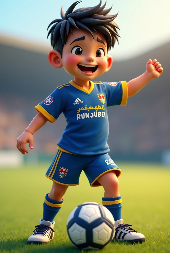 un petit garçon footballeur avec un mot feno sur son maillot
il entre sur le terrain 
