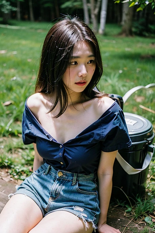 1girl, long colorful side ponytail with bangs, looking at viewer ,big breasts, (upper body:1.2),  <lora:FilmG3:0.9>,filmg, Autumn, Going on a camping trip in nature.,Powder Blue A black and white striped shirt with dark-wash skinny jeans.,