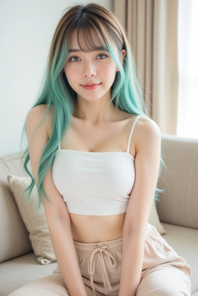 a 18 year old girl,masutepiece , Best Quality,Nahida(GenshinImpact) ,A large number of girls , tiny chest,Long hair ,Side Ponytail, Hair Ornament , White hair , Green hair , hand behind head:1.5,multicolored hair, elf , Multicolor bra, Wearing a miniskirt ,Locker Room, Street,looking at the viewers