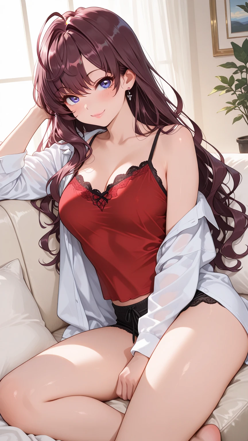 masterpiece, best quality, 1 solo girl, dark blue hair, blue eyes, long hair, medium breasts, sexy body and face, wavy hair, smile, black socks, brown bow, knee-highs, long sleeves, open bra, open panty, parted lips, pink pleated skirt, puffy long sleeves, purple shirt, pendant, bracelet, jewelry, earrings, butterfly hair ornament, book, lying at the bed, night sky, sexy pose, cowboy shots, detailed body, face, and eyes, sharp focus, vibrant, creative, dynamic, high definition, high resolution, 8k, (Upscale: R-ESRGAN 4x+ Anime6mage enchance:4x), voluptuous body, cinema lightning, dakimakura style, looking at the viewer