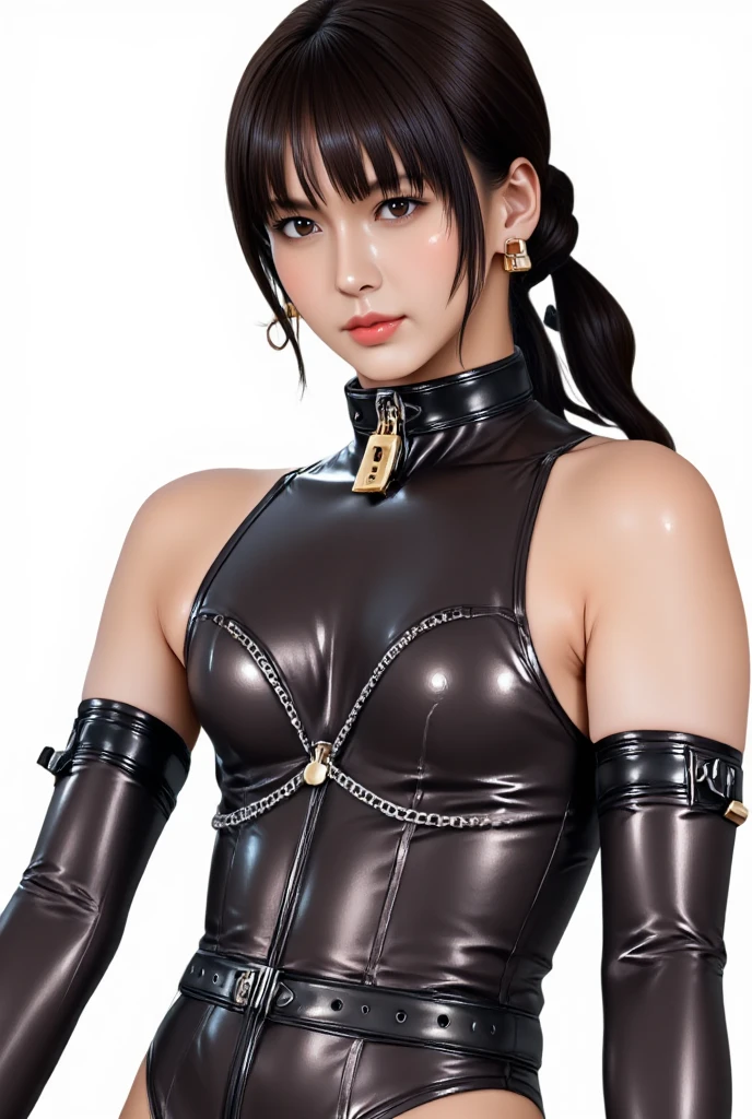 - **Hair:**
- Long, dark green hair reaching the thighs.
- Styled with bangs and a topknot.
- **eyes:**
- Large, expressive eyes with dark pupils.
- Sharp, determined gaze.
- **Skin Tone:**
- Light skin tone.
- **Facial Features:**
- Small, pointed nose.
- Full lips.
- Yellow star-shaped earrings.
- Yellow tiara with a red gem in the center.
- **Upper Body:**
- White sailor-style top with brown collar.
- Brown bow at the chest with a red heart-shaped brooch.
- White gloves reaching just above the elbows.
- Black choker necklace with a yellow star pendant.
- **Lower Body:**
- Short brown pleated skirt with a black belt and silver chain.
- Long brown ribbon tied at the back of the waist.
- Black knee-high boots with white V-shaped trims.
- **Accessories:**
- Holding a long, silver staff with a heart-shaped top and a red gem.
- **Pose:**
- Standing confidently with one hand on the hip and the other holding the staff.
One girl, solo, Anatomically correct, Large Breasts, Simple Background,